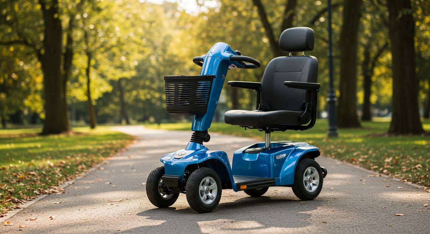 A side-by-side comparison of two mobility scooters, one in metallic gray and the other in glossy red. Both feature a black cushioned seat with a headrest, armrests, a front basket, and four sturdy wheels designed for stability and comfort.