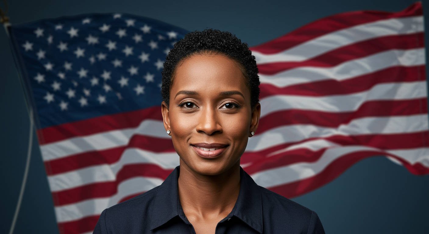 Smiling woman in front of the American flag, representing the vibrant history of morning talk shows in the USA