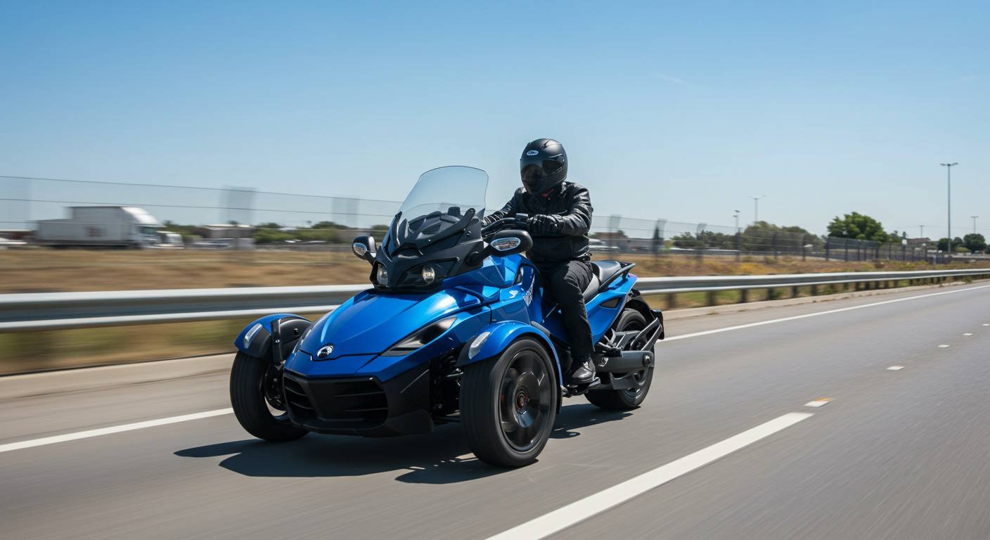 Person riding a blue three-wheeled motorcycle on a highway under a clear sky, wearing a black helmet and leather jacket for safety.