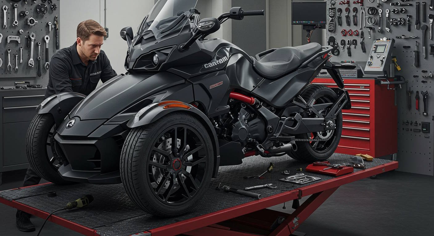 A mechanic working on a Can-Am Spyder three-wheeled motorcycle in a professional workshop. The vehicle is elevated on a red maintenance platform, surrounded by various tools and equipment mounted on the wall and workbenches.