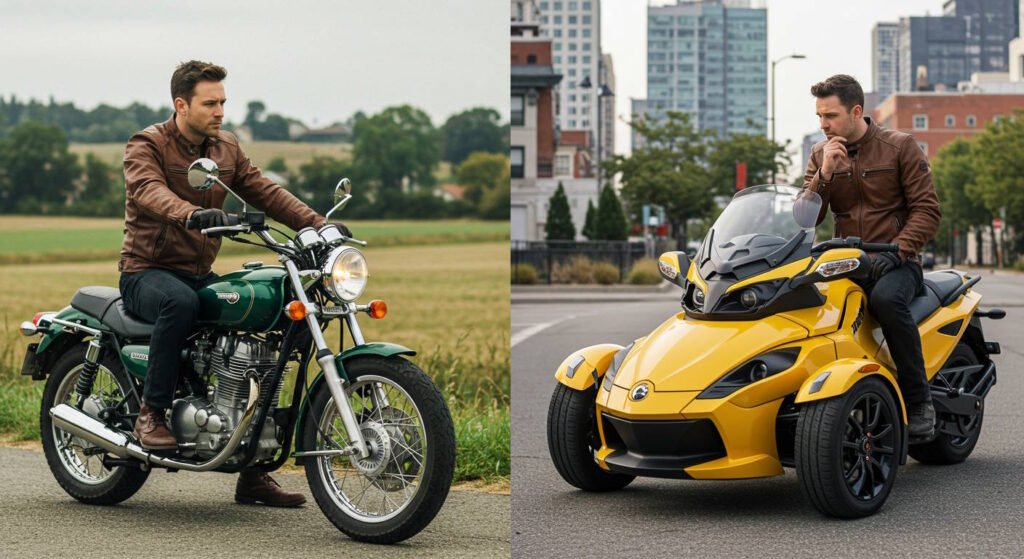 Side-by-side images of a man in a brown leather jacket riding a classic green motorcycle in a rural setting and sitting on a modern yellow three-wheeled trike in an urban environment, highlighting contrasting motorcycle styles and lifestyles.