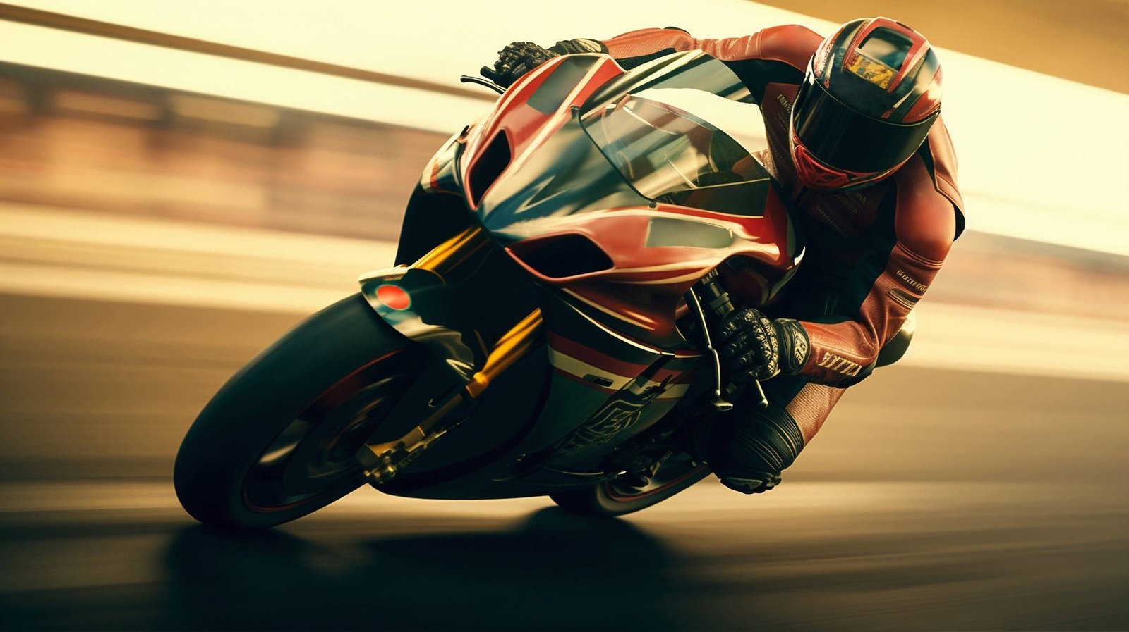 Motorcyclist in full racing gear riding a yellow sport bike at high speed on a racetrack