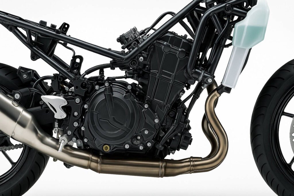 Close-up image of the Kawasaki Ninja 400's liquid-cooled parallel-twin engine, showing the steel trellis frame, stainless steel exhaust, and coolant reservoir, designed for optimal performance and heat management.