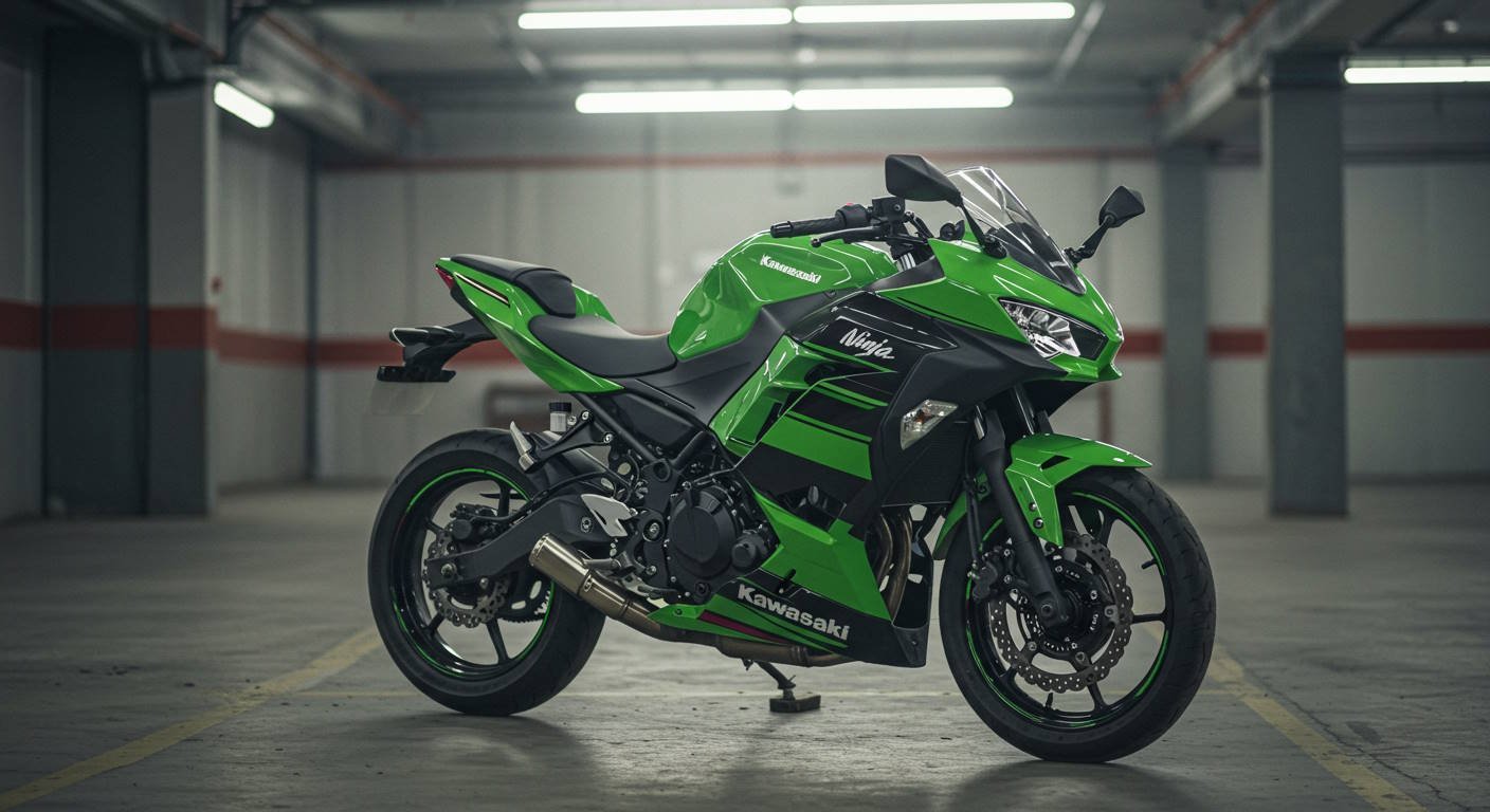 A sleek green Kawasaki Ninja 400 sport motorcycle parked in an underground garage with dim lighting. The bike features an aerodynamic design, sharp headlights, and a modern black and green color scheme, emphasizing its speed and performance.