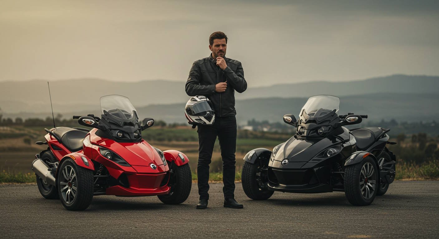 A man in a black leather jacket holding a motorcycle helmet, standing between a red and a black three-wheeled motorcycle (trikes) on an open road with a mountainous backdrop.