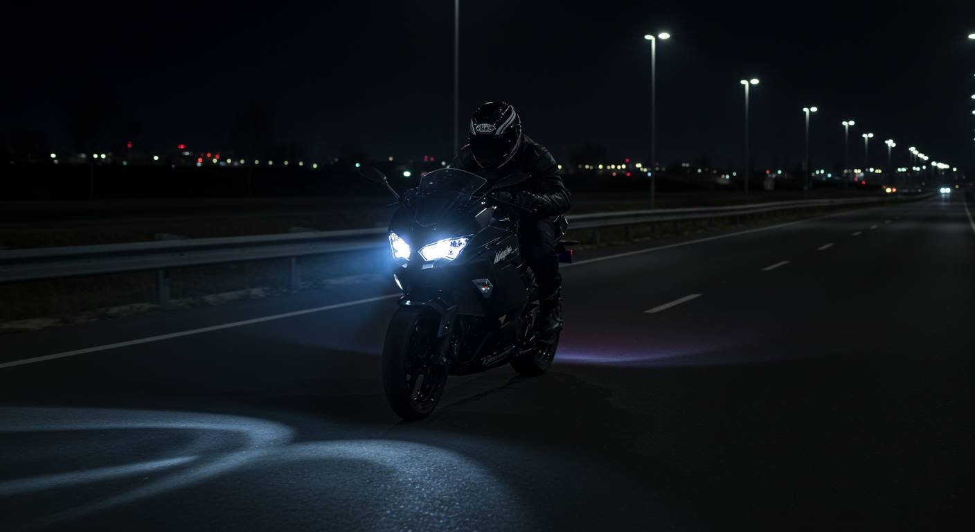 A motorcyclist wearing black riding gear and a full-face helmet rides a Kawasaki Ninja sportbike at night on a well-lit highway. The bike's LED headlights shine brightly, illuminating the road ahead, while city lights and streetlamps create a dynamic nighttime atmosphere.