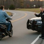 A police officer giving a thumbs-up to a man riding a black scooter on a rural road. The police vehicle is parked nearby.