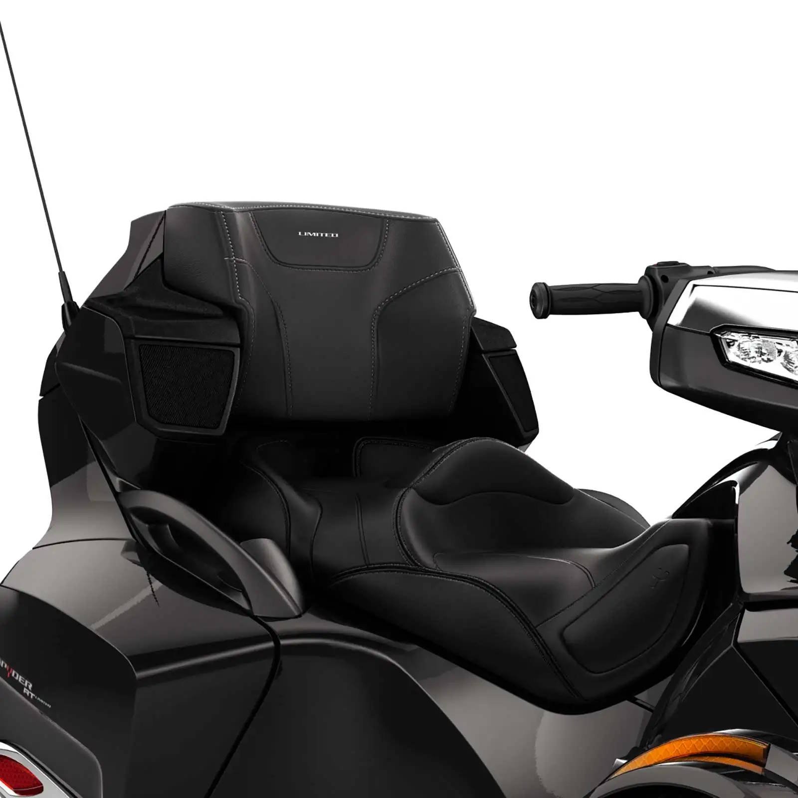 A close-up view of a luxurious black leather motorcycle seat with an ergonomic design, featuring a high backrest, padded armrests, and integrated speakers. The seat is part of a touring or cruiser motorcycle, designed for enhanced rider and passenger comfort.