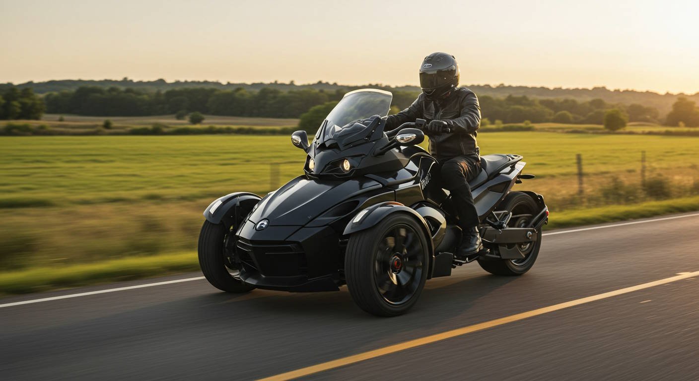 A rider wearing a black leather jacket and helmet is cruising on a sleek black three-wheeled motorcycle along a scenic rural road at sunset. The landscape features lush green fields and a tree-lined horizon, bathed in the warm, golden glow of the setting sun. The motorcycle's aerodynamic design, dual front wheels, and powerful stance highlight its modern engineering and sporty appeal.