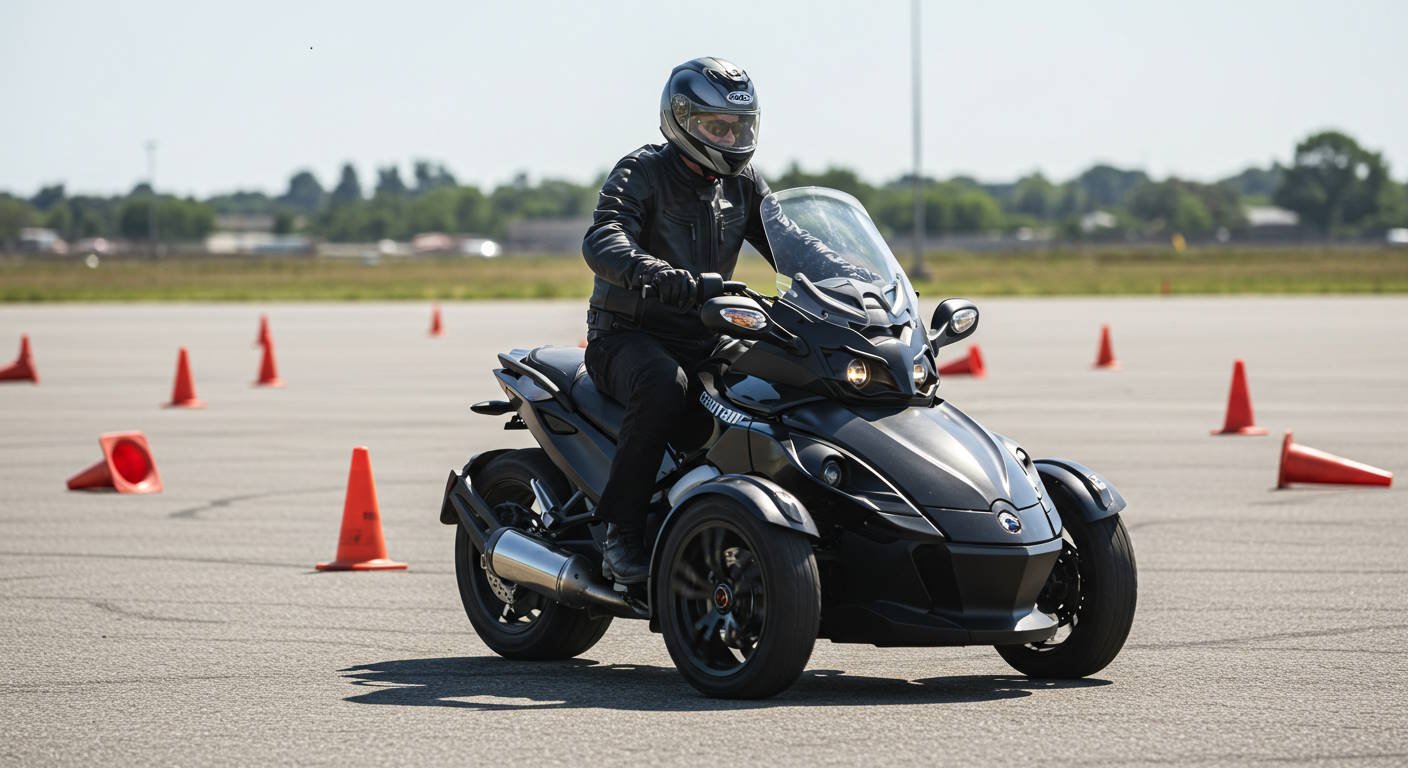 A motorcyclist wearing a black leather jacket and helmet rides a black Can-Am Spyder three-wheeled motorcycle through an open training area marked with orange traffic cones. The rider maintains a focused posture, demonstrating control and maneuverability of the vehicle. The background features greenery and a clear sky, contributing to the safe and controlled training environment.