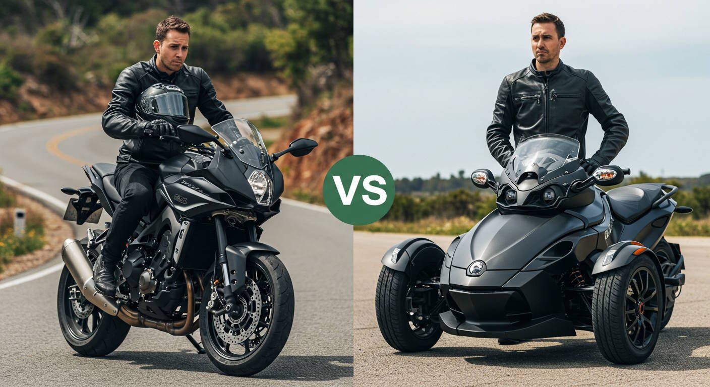 Side-by-side comparison of a man in a black leather jacket riding a black sport motorcycle on a winding road versus sitting on a sleek black three-wheeled can ma spyder, highlighting the differences in style, comfort, and performance between two types of motor vehicles.