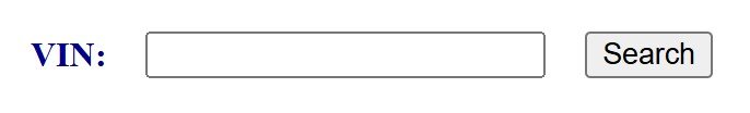 This image shows a VIN input field with a "Search" button, allowing users to enter a vehicle identification number to check Texas vehicle inspection history.