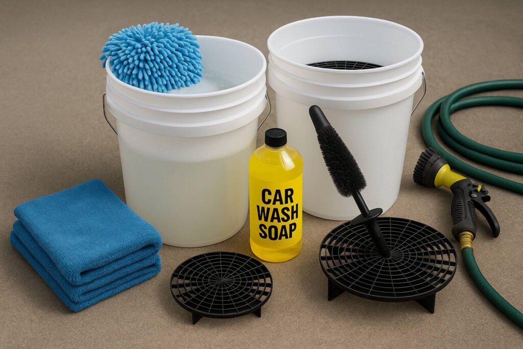 A set of car washing supplies displayed on a concrete driveway, including two white buckets with grit guards, a bottle of car wash soap, a blue microfiber wash mitt, a wheel brush, microfiber drying towels, and a green garden hose with an adjustable nozzle.