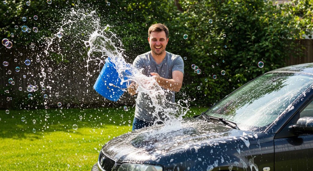A smiling man joyfully pours a bucket of soapy water over a black car, with soap bubbles in the air — capturing the final rinse after removing tree sap, leaving the vehicle clean and protected.