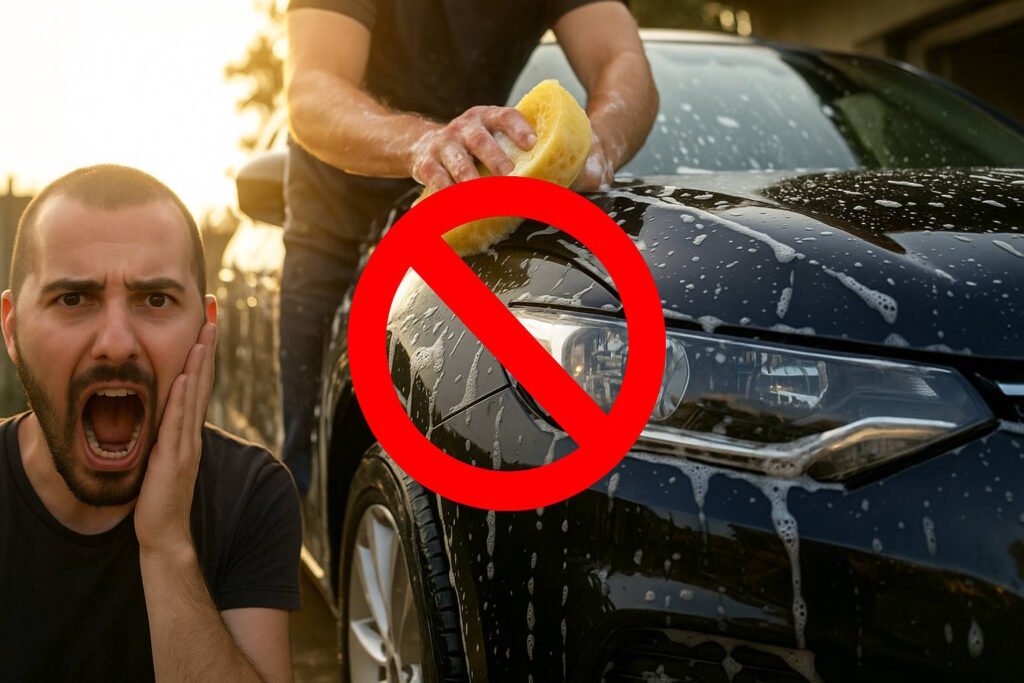A shocked bald man with a beard reacts as someone washes a black car with a sponge during sunset, overlaid with a red "No" symbol indicating a mistake.