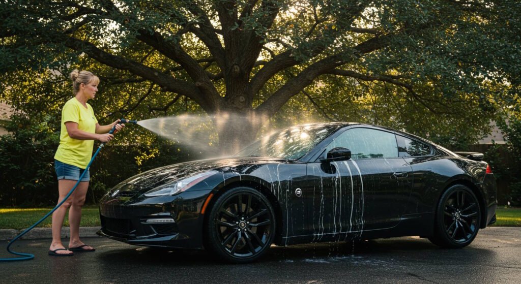 A woman wearing a yellow shirt and denim shorts uses a hose to rinse soap off a sleek black sports car parked outdoors under a large tree.