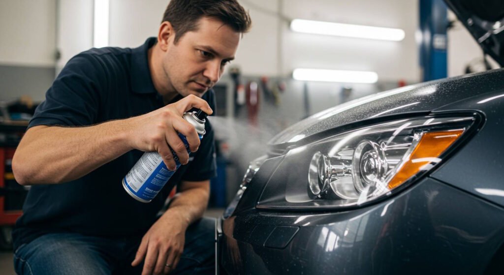 Automotive technician in a blue shirt spraying UV protective sealant onto a newly restored clear headlight of a dark gray car in a professional garage setting, demonstrating the final step in headlight restoration.