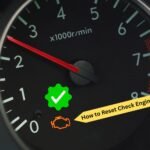 Car dashboard showing a tachometer with red needle pointing at 2-3 x1000r/min, an orange check engine light symbol illuminated at the bottom, a green checkmark icon in the center, and a yellow arrow pointing to the dashboard with text saying 'How to Reset Check Engine Light'.