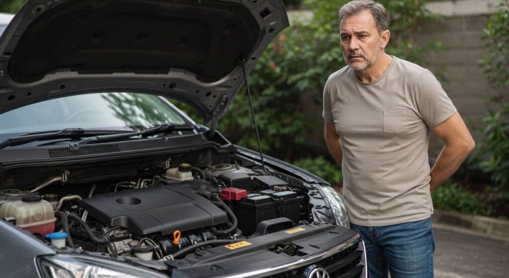 Middle-aged man with concerned expression looking at the exposed engine of a black car with its hood open in a residential area with greenery in the background.