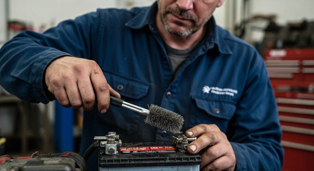 Mechanic in blue work shirt using a wire brush tool to clean battery terminals on a car battery in an auto repair shop.