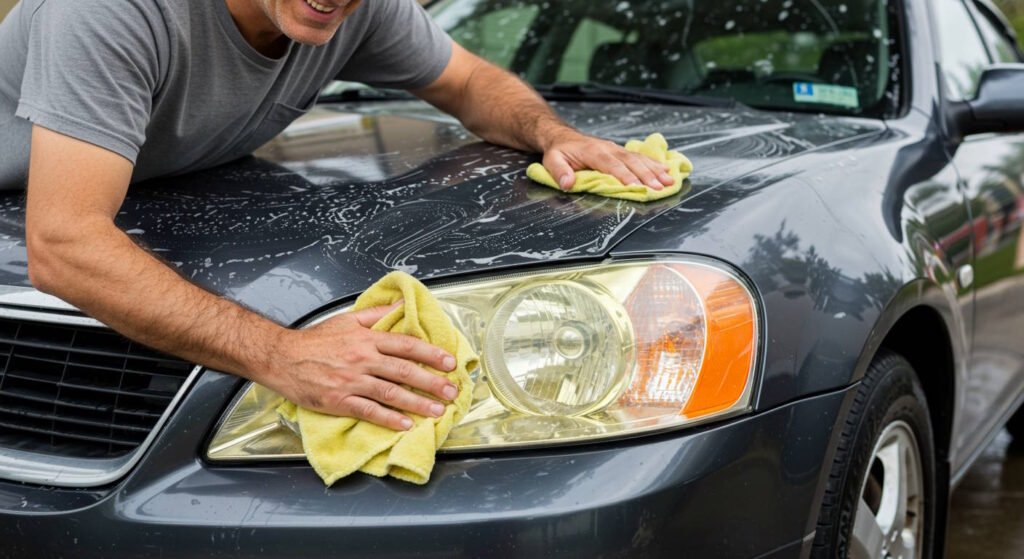 Person in a gray t-shirt washing yellowed car headlights on a dark sedan, using yellow microfiber cloths with soapy water to restore clarity to the oxidized plastic headlight covers.
