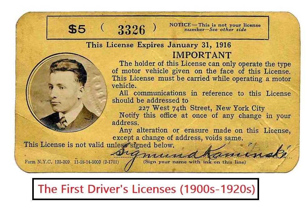 A vintage yellow New York driver's license from 1916 showing license number 3326, costing $5, with basic identification information and rules for motorists. Caption reads 'The First Driver's Licenses (1900s-1920s)'.