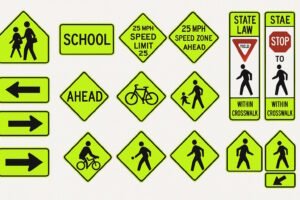 A collection of fluorescent yellow-green traffic signs indicating pedestrian crossings, school zones, bicycle routes, directional arrows, and speed limits, designed for high visibility in low light and poor weather conditions.