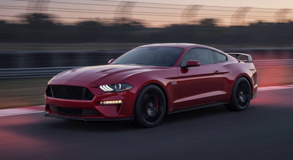 A red Ford Mustang GT sports car driving at high speed on a racetrack at dusk, featuring distinctive LED headlights, black alloy wheels, and a rear spoiler.