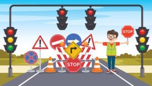Illustration showing various guide and service road signs including directional arrows, stop signs, and traffic lights on an American road