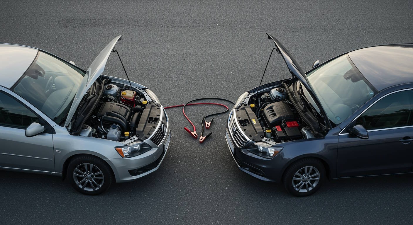 The two cars are parked face-to-face, ready to jump-start.