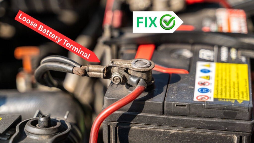 Close-up view of a loose car battery terminal connection with red and black cables, labeled for identification and showing a fix indicator.