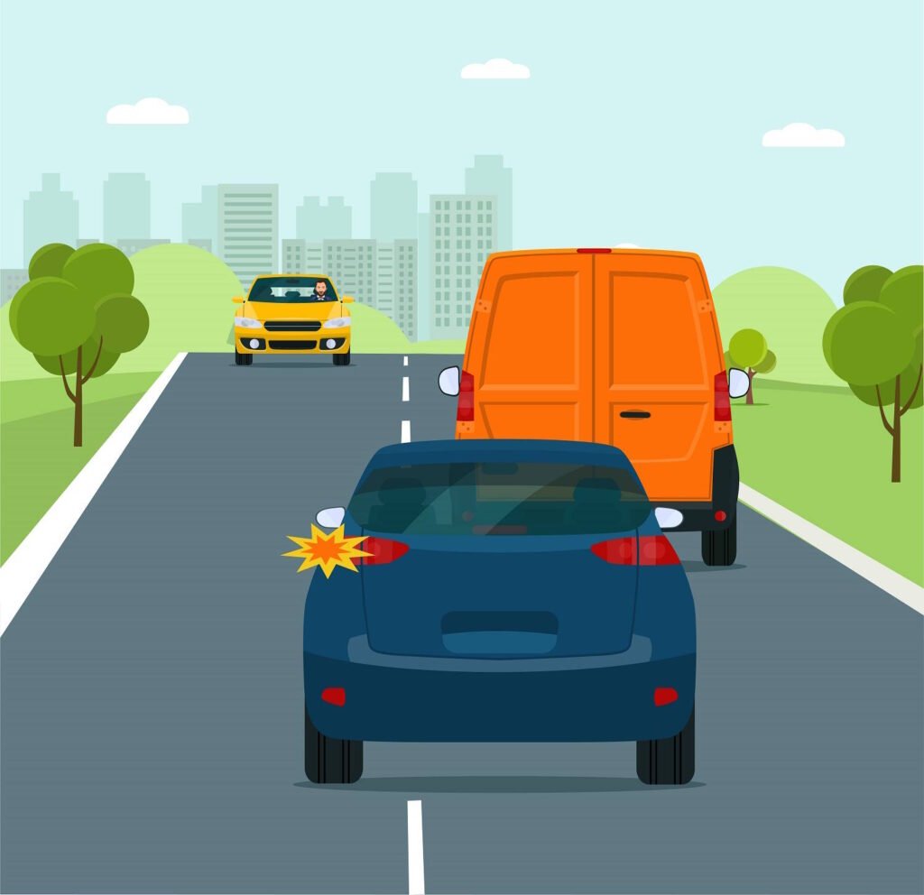 A cartoon illustration of a three-vehicle traffic scene on a highway with a city skyline in the background. A blue car in the foreground has a small collision or impact on its left side, indicated by a starburst graphic. An orange van is directly in front of the blue car, and a yellow car with a driver is visible in the oncoming lane. The scene is set on a two-lane road with green trees and hills on either side