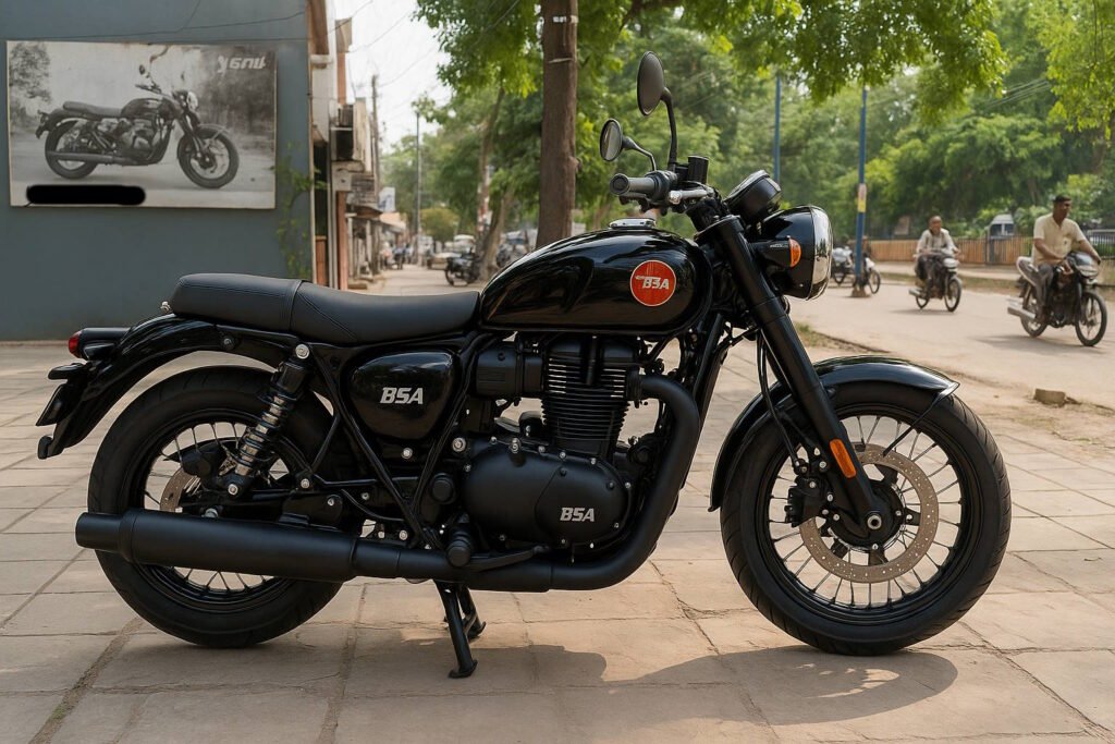 Black BSA motorcycle with matte finish and red logo parked on a city sidewalk, with pedestrians, trees, and motorcycles in the background.