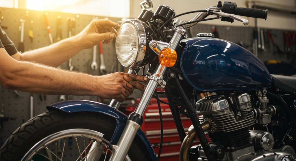 A mechanic working on a classic blue motorcycle in a garage workshop. The person's hands are adjusting or inspecting the headlight assembly mounted on the front forks. The motorcycle features a round chrome headlight, amber turn signals, and a navy blue fuel tank. The background shows a workshop environment with tools hanging on a pegboard and warm sunlight streaming through a window. The motorcycle appears to be a vintage model with an exposed engine and chrome fork tubes.