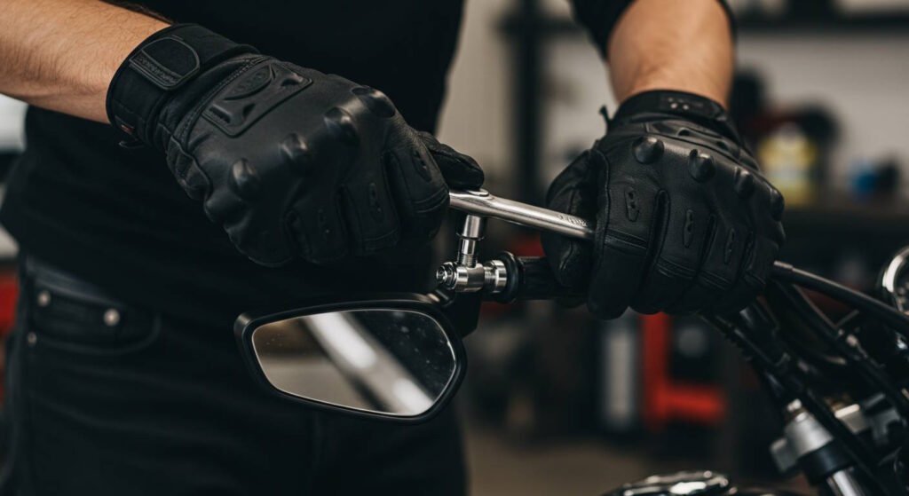 Close-up of hands wearing black protective motorcycle gloves using a wrench to adjust a motorcycle mirror in a garage workshop setting.