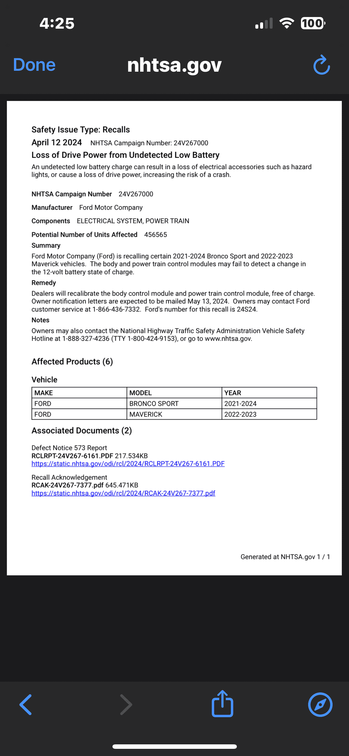 NHTSA recall notice screenshot showing Ford Campaign Number 24V267000 for loss of drive power from undetected low battery, affecting 456,565 Bronco Sport and Maverick vehicles with details about the electrical system issue and free dealer remedy