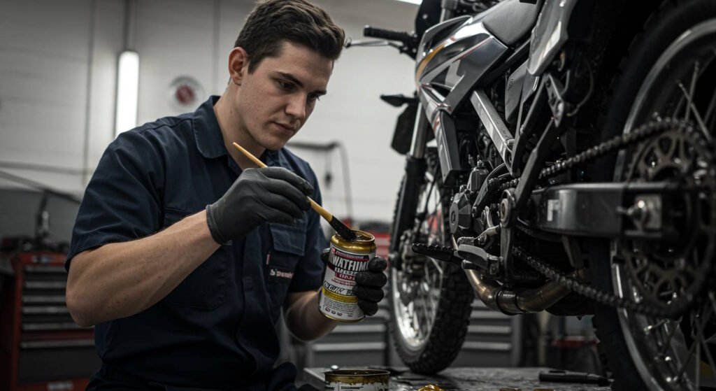 Motorcycle technician in blue uniform and black gloves applying wax-based lubricant to a sport bike chain, working in a professional garage environment.