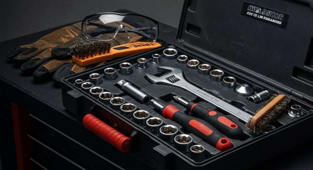 Open mechanic's tool set with socket wrench set, adjustable wrench, and wire brushes arranged in a plastic case, with work gloves and safety glasses placed nearby.