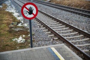 A circular red and white prohibition sign featuring a black hand and a figure wearing safety goggles, located beside train tracks, indicating restricted access or warning pedestrians to stop and stay off the tracks for safety.