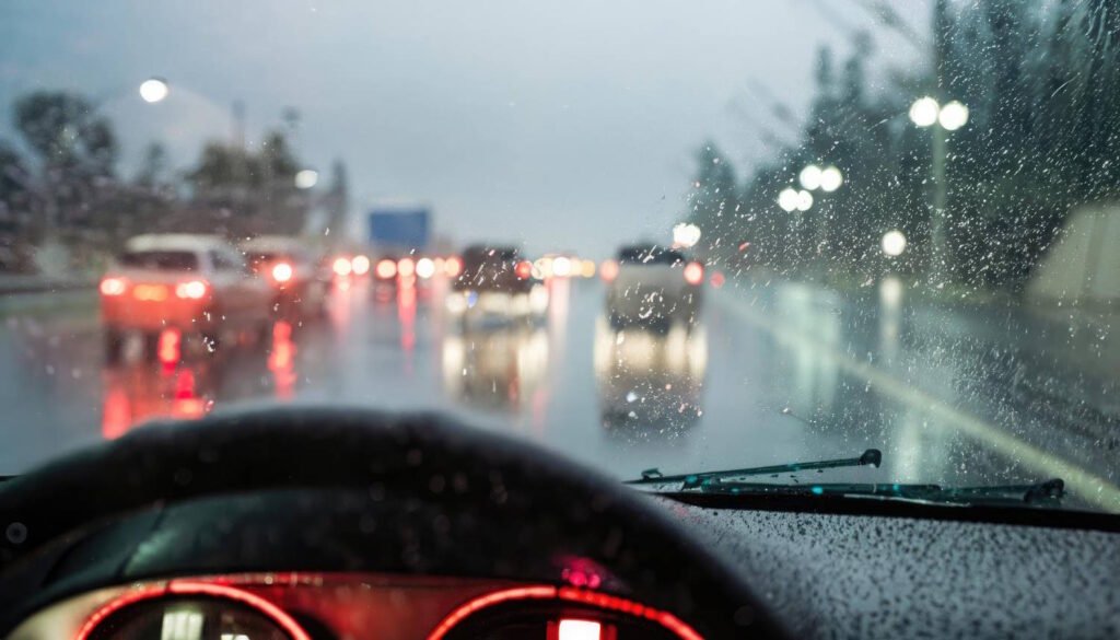 View from inside a car during heavy rain, looking through a water-streaked windshield at traffic ahead. Windshield wipers are visible, and the dashboard is partially shown in the foreground. Multiple vehicles' red taillights are reflected on the wet road surface, demonstrating reduced visibility conditions that require increased following distance and cautious driving.