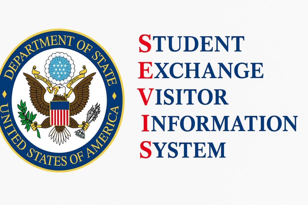 Official seal of the U.S. Department of State next to the acronym SEVIS, representing the Student Exchange Visitor Information System.