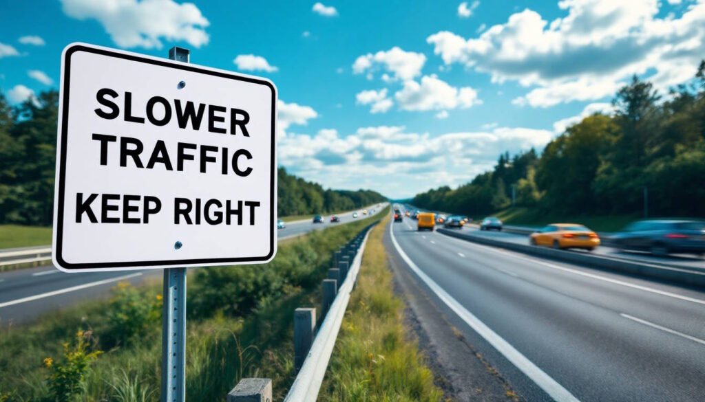 A highway road sign reading "SLOWER TRAFFIC KEEP RIGHT" positioned alongside a multi-lane highway with cars driving in both directions. The scene shows a bright blue sky with fluffy white clouds above a tree-lined roadway. Several vehicles, including a yellow car, can be seen traveling on the highway in the background.