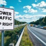 A highway road sign reading "SLOWER TRAFFIC KEEP RIGHT" positioned alongside a multi-lane highway with cars driving in both directions. The scene shows a bright blue sky with fluffy white clouds above a tree-lined roadway. Several vehicles, including a yellow car, can be seen traveling on the highway in the background.