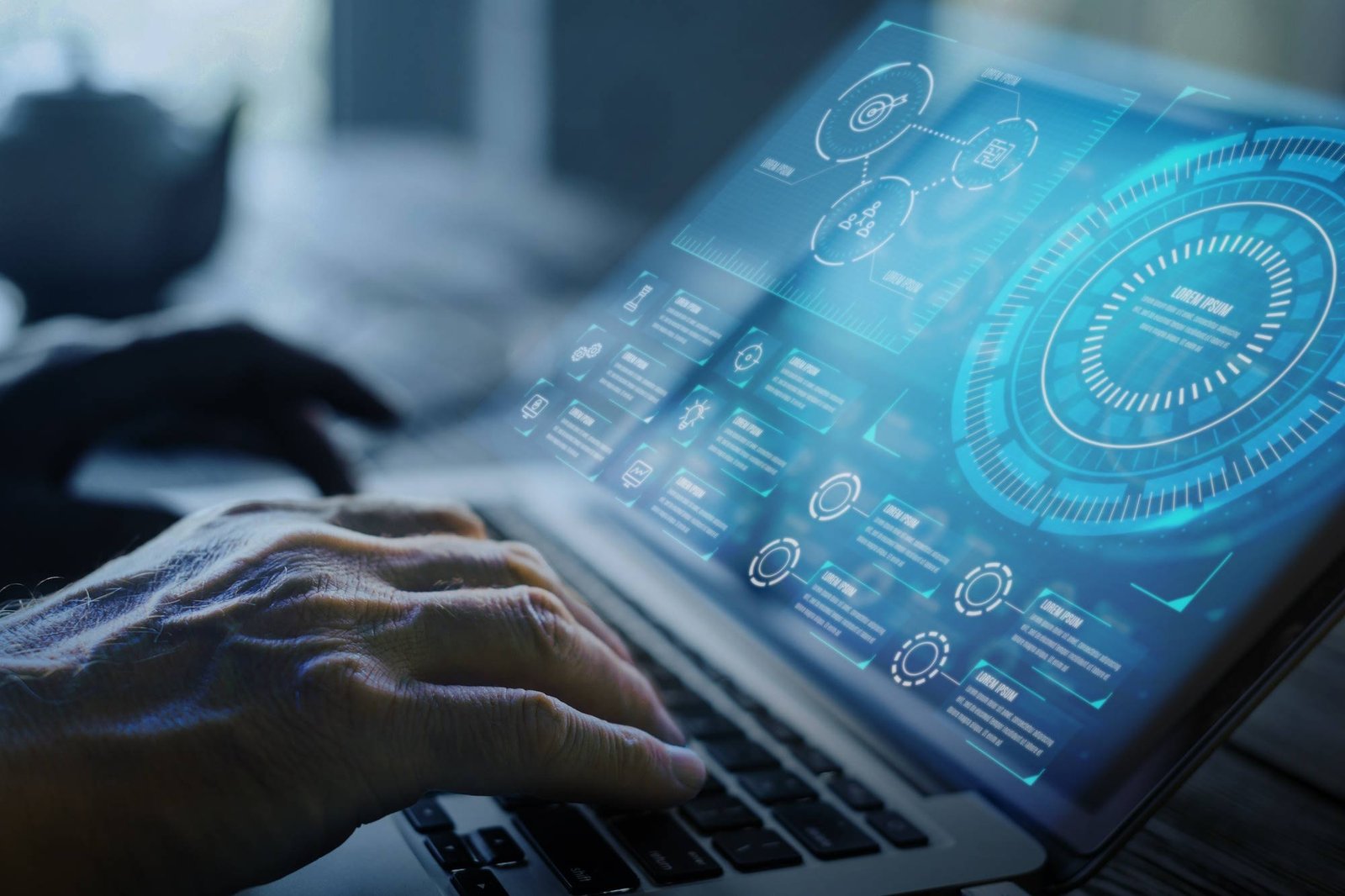 A close-up of a person's hand on a laptop keyboard with a futuristic digital interface overlay displaying data visualization, service-oriented architecture (SOA) diagrams, and dashboard elements related to OS23 technology.