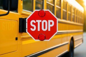 A close-up of a red stop sign extended from the side of a yellow school bus, signaling vehicles to stop for boarding or disembarking students.