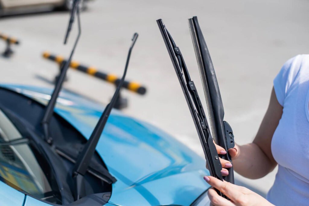 Person holding a new windshield wiper blade while standing next to a car with raised wiper arms, preparing to replace the old blades.