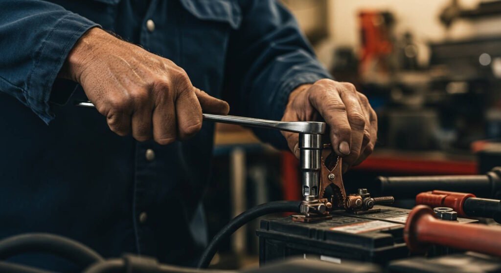 Close-up of mechanic hands using a wrench to tighten a battery terminal clamp on a car battery.
