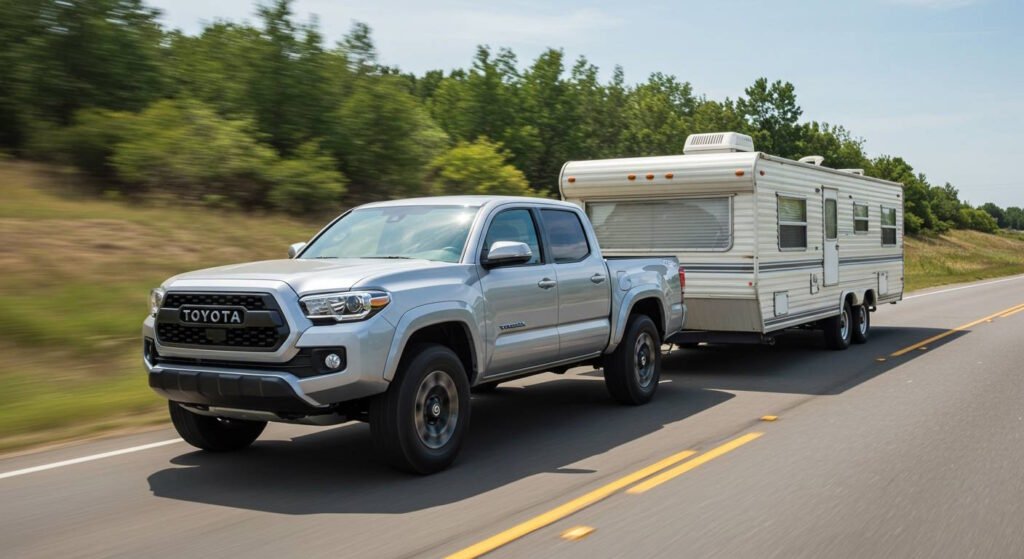 Silver Toyota Tacoma pickup truck towing a white travel trailer on a rural highway surrounded by green trees, demonstrating the truck's towing capability of up to 6,500 pounds.
