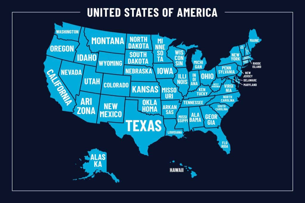 A stylized map of the United States showing all 50 states in bright blue against a dark navy background. Each state is labeled with its name or abbreviation, with Texas prominently displayed in larger text. The map includes the continental states plus Alaska and Hawaii shown at the bottom left. State boundaries are outlined in black, and the entire map is framed with a thin white border.