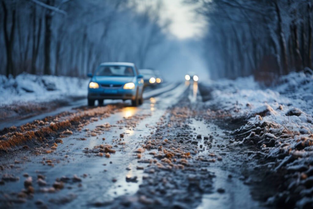 A blue car driving on a partially snow-covered and slushy rural road at dusk or dawn. The road surface shows a mix of wet pavement, slush, and snow with visible tire tracks. Headlights from oncoming vehicles are visible in the distance, and bare trees line both sides of the road. The wintry conditions illustrate challenging driving circumstances that require reduced speed and increased caution.